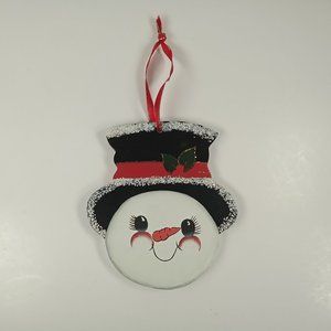 Wooden Top Hat Snowman Head Christmas Ornament w/ Glitter Accents Hanging Ribbon